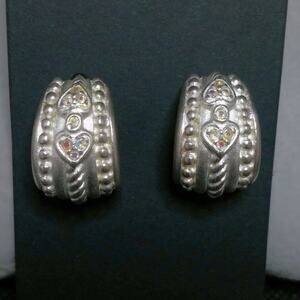 Vintage Sterling Silver Half Hoop Earrings Twisted Rope Heart Crystal Accents